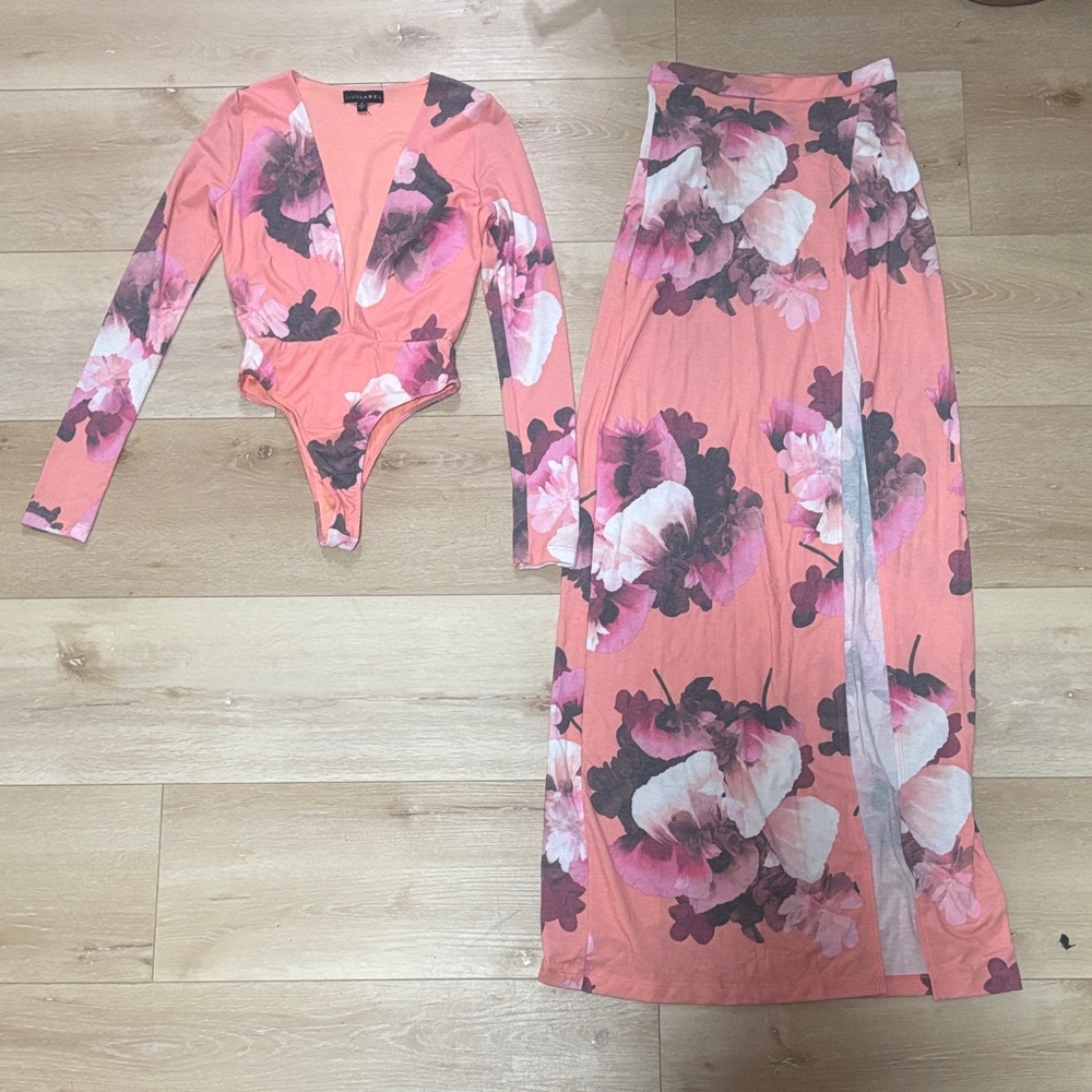JLUXLABEL Coral Pink Floral Plunge Bodysuit & Maxi Skirt Set